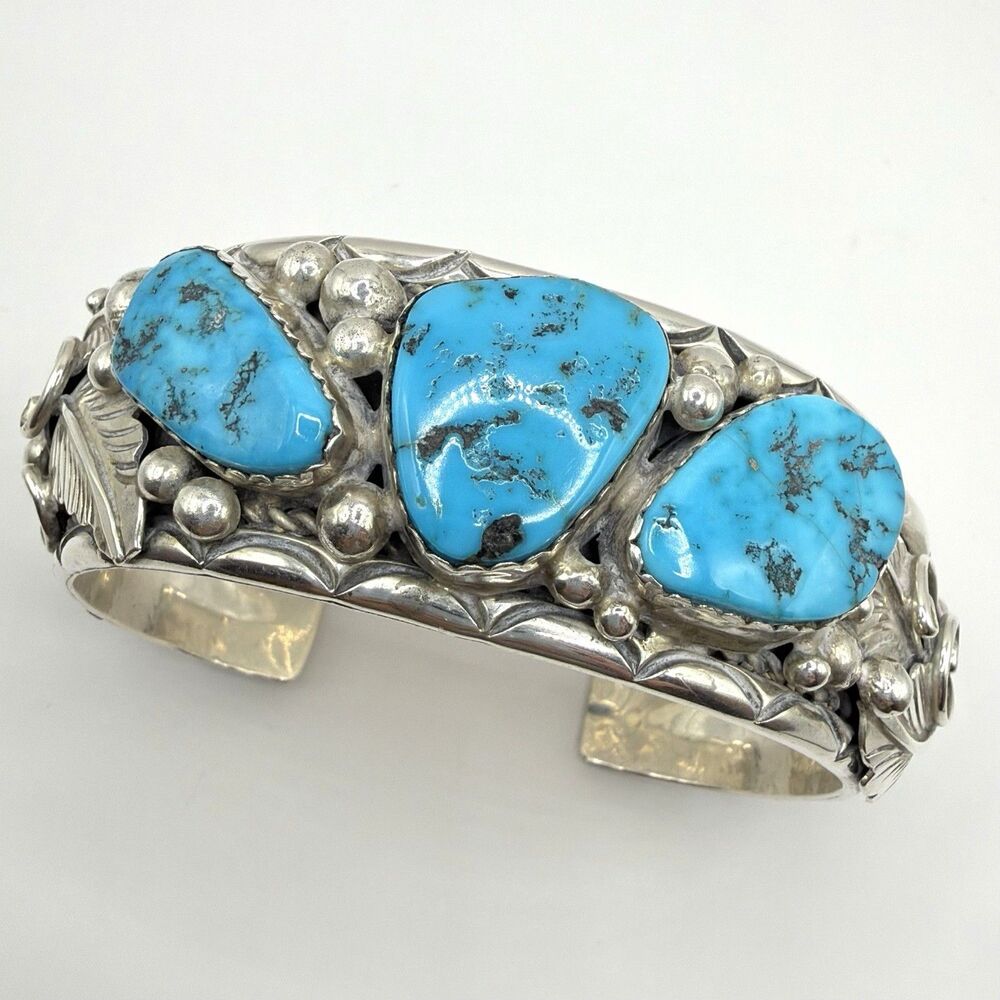 Signed N 925 Sterling Silver Turquoise Cuff Bracelet 120.6g Heavy Statement